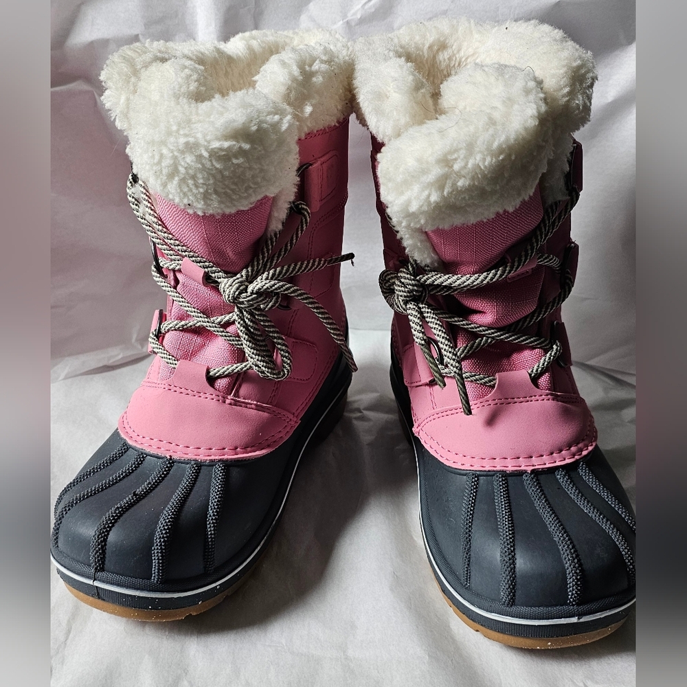 Pink and Black Kids Winter Boots with Faux Fur Lining. Size 2.